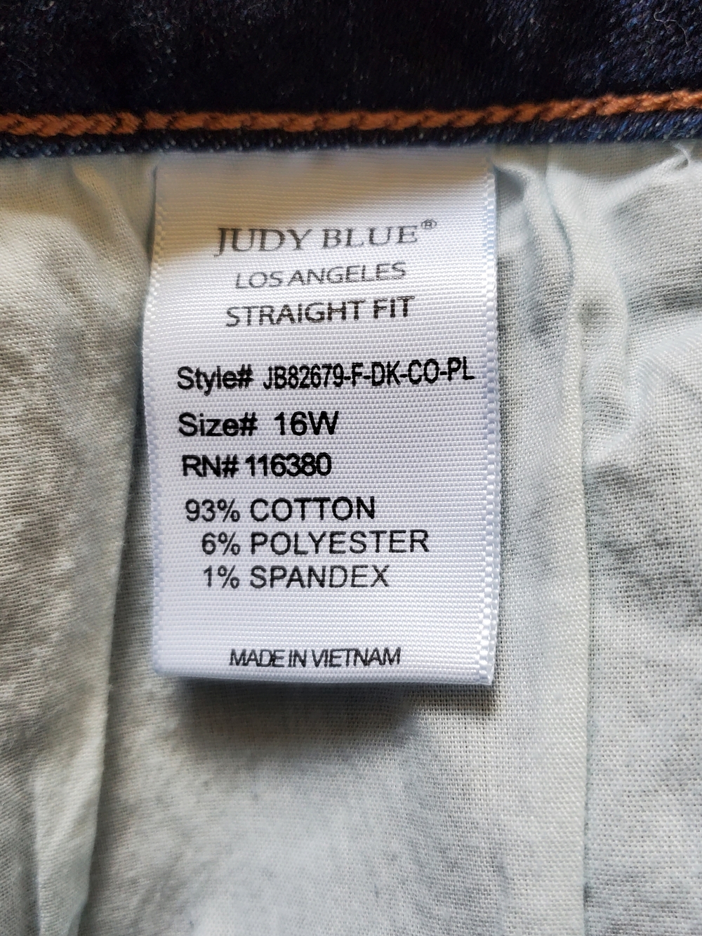 Judy Blue Dark Blue Straight Leg Jeans.  Size 16W - Picture 6 of 6